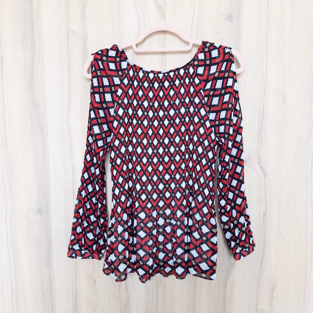 Chico's Womens Blouse S Petite Red Geometric Micro Pleated Long Sleeve Career